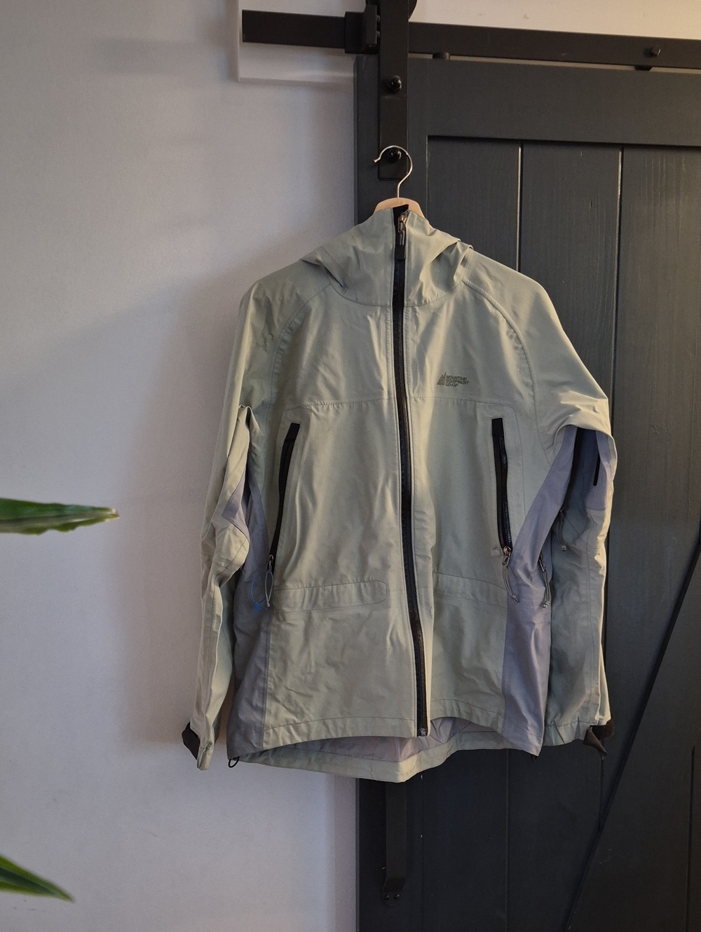 Light Sage Waterproof Hooded Jacket with Gray Panels